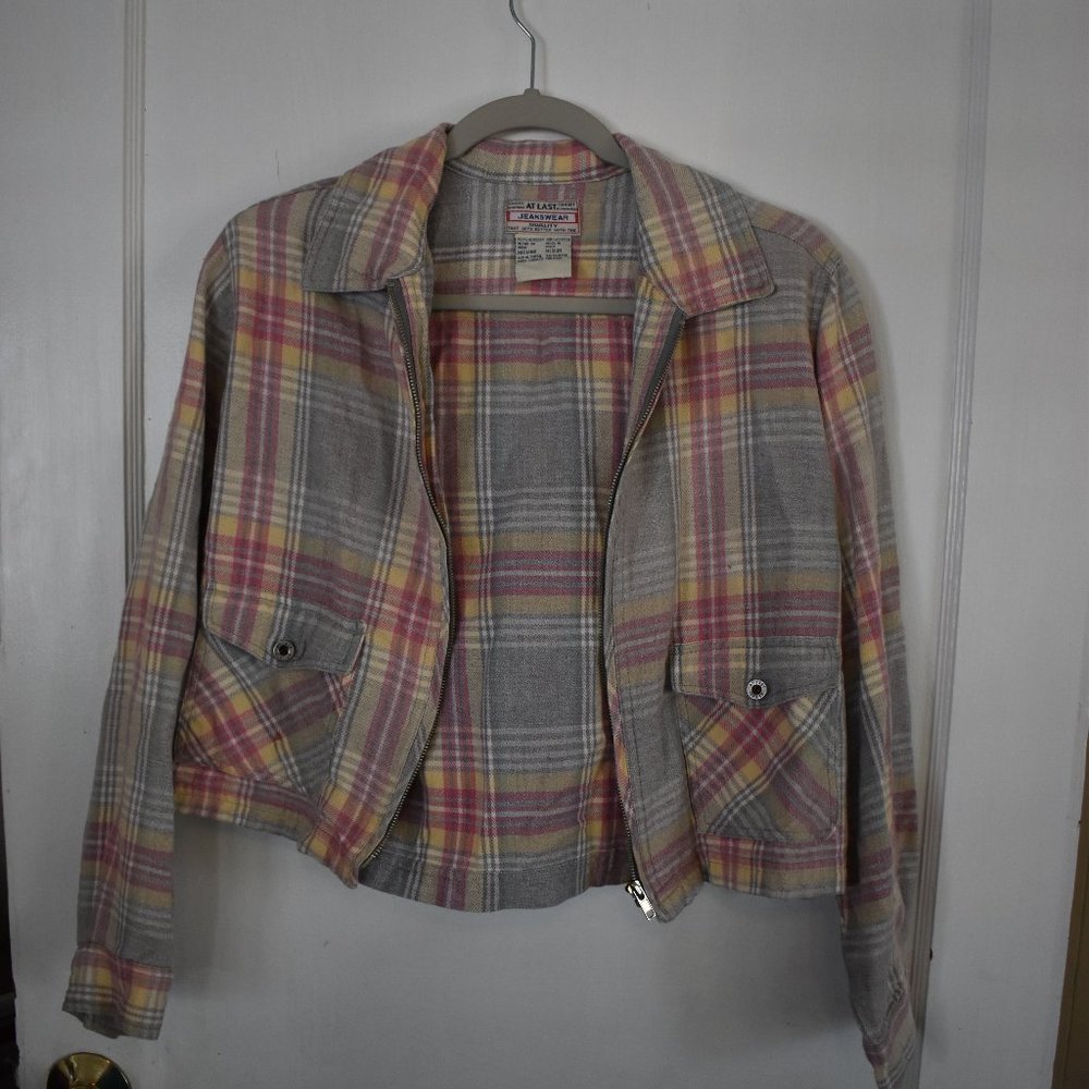 At Last Jeanswear 100% Cotton Pastel Plaid Zip Jacket Sz Medium